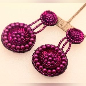 Handmade purple seed bead sequins clip on double drop party fahion earrings
